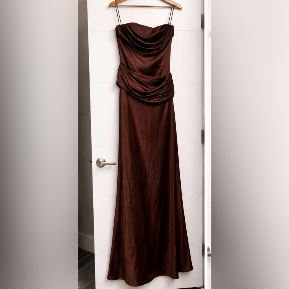 MESHKI Jasmine Strapless Satin Maxi Dress - Chocolate Brown - Picture 4 of 6